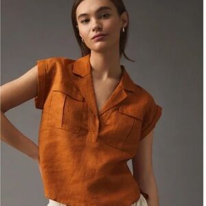 Anthropologie Linen Utility Shirt in Rust Orange